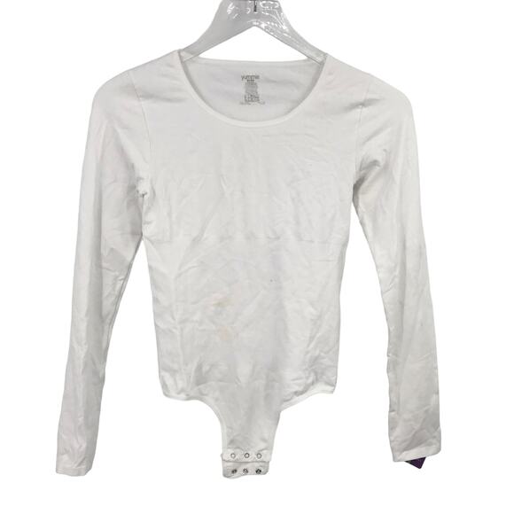 Yummie Longsleeve Thong Bodysuit M-L Seamless Shaping Jersey Snap White - Picture 1 of 7